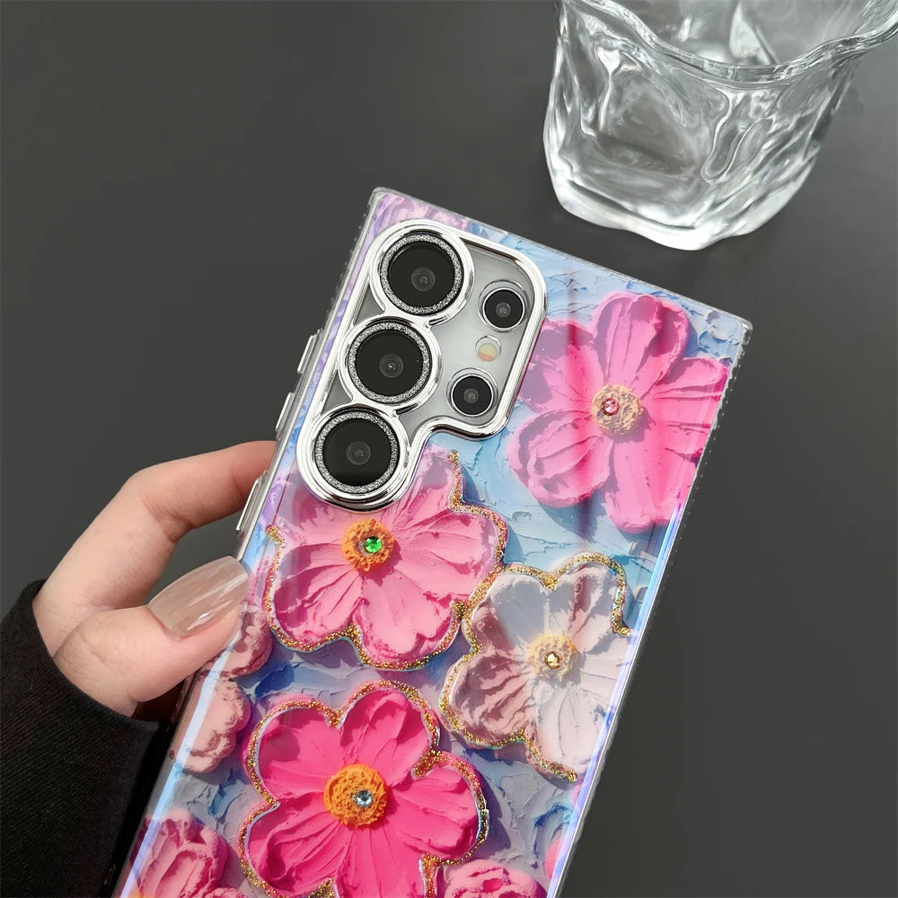 Luxury Flower Glitter Laser Case With Wrist Strap For Samsung Galaxy S series