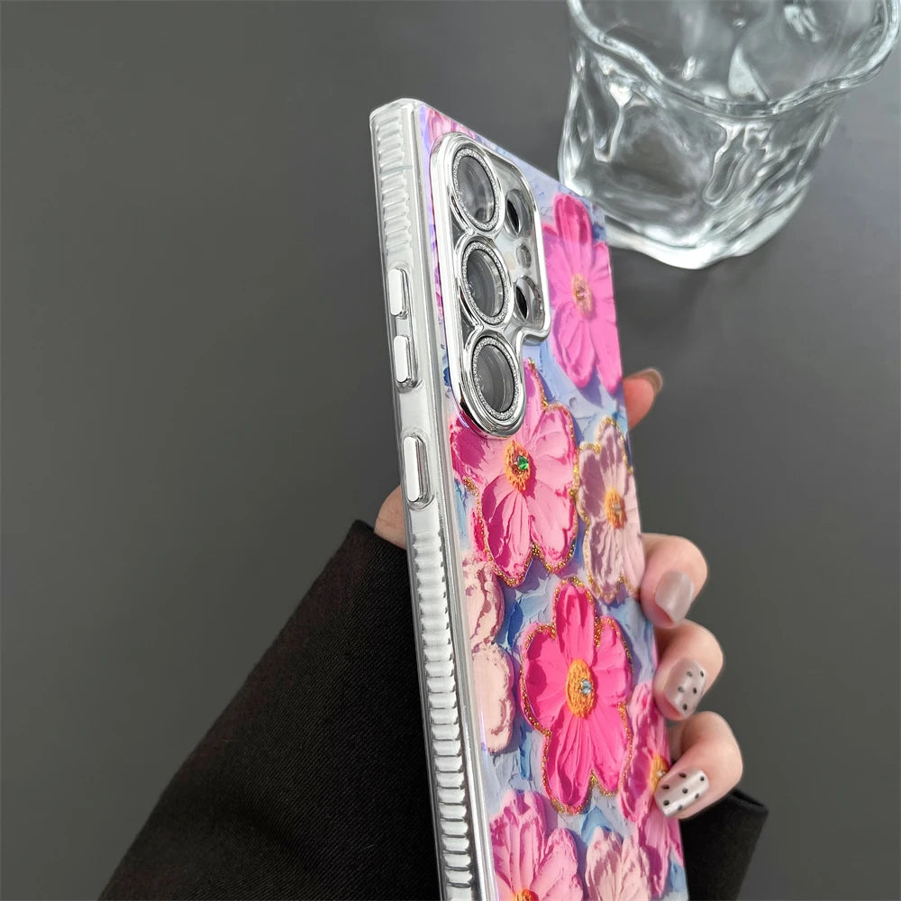Luxury Flower Glitter Laser Case With Wrist Strap For Samsung Galaxy S series
