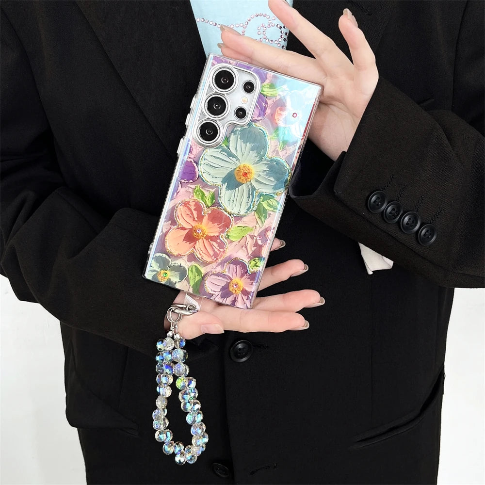 Luxury Flower Glitter Laser Case With Wrist Strap For Samsung Galaxy S series