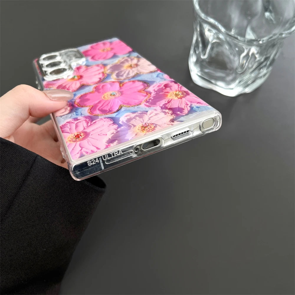 Luxury Flower Glitter Laser Case With Wrist Strap For Samsung Galaxy S series